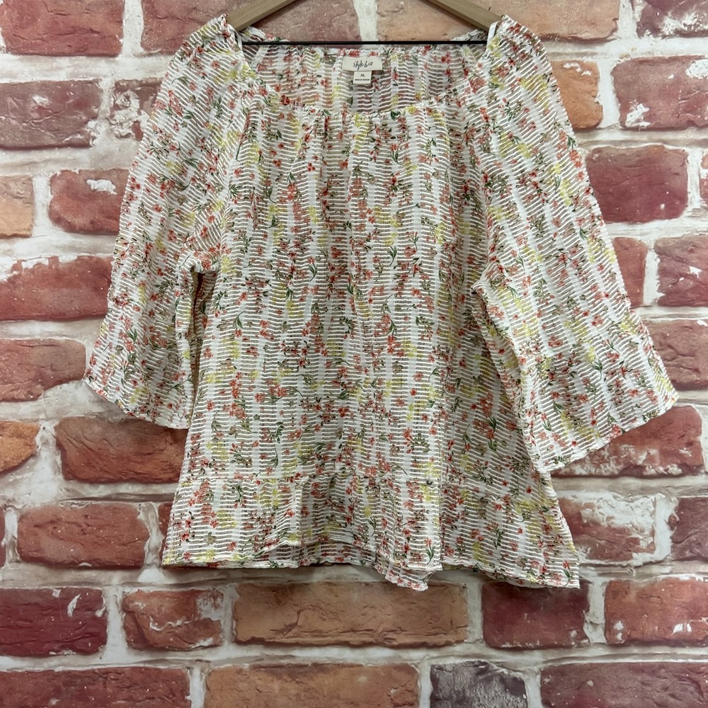Style & Co Top Women's XL Garden Floral Abstract Sheer Mesh Burnout Casual Shirt